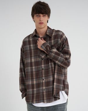 TNR 오버핏 코튼 체크 셔츠 브라운