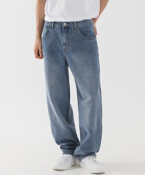 솔트 워싱 세미 와이드 데님 팬츠 (미드 블루)