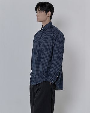 그리드 타이 루즈핏 히든셔츠 _ 네이비 (타이 탈부착 가능)