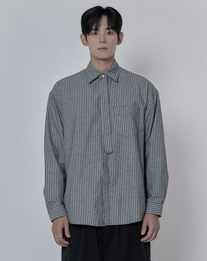 타이 스트라이프 히든버튼 셔츠 _ 블랙 (타이 탈부착 가능)