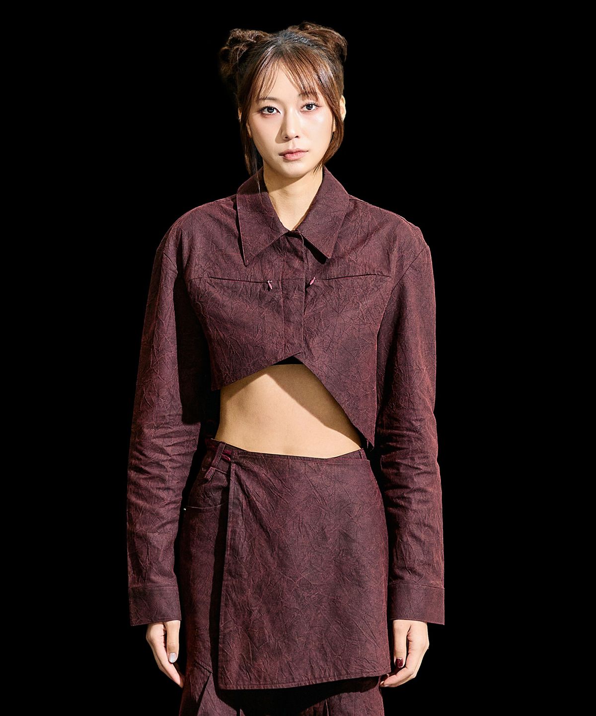 레큘리(RECULER) Wrinkle R-crop shirts Burgundy