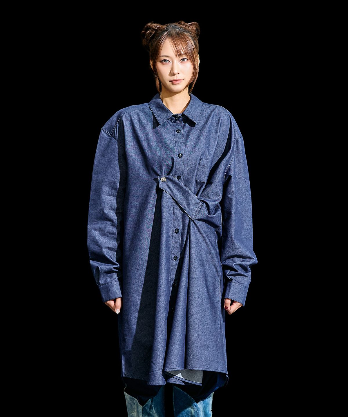 레큘리(RECULER) Draping Basic long Shirts  Like denim  Deep Blue