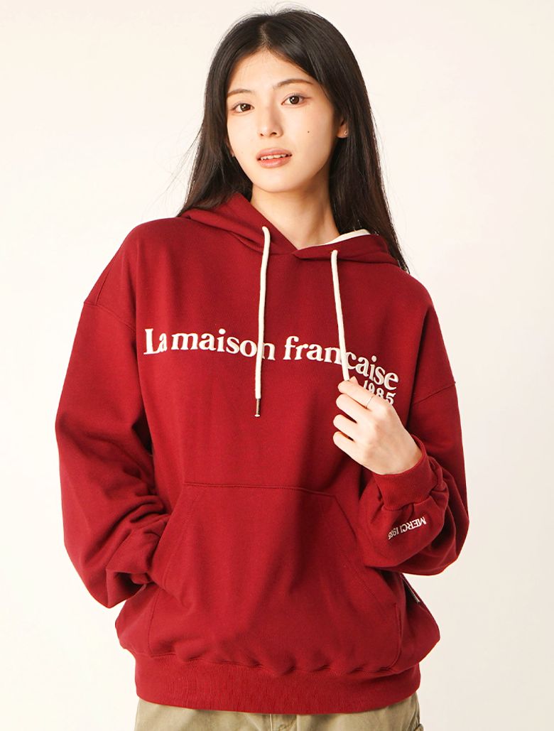 오버핏 후드 배색 엠보자수 후드 버건디(FCF3TS645M)