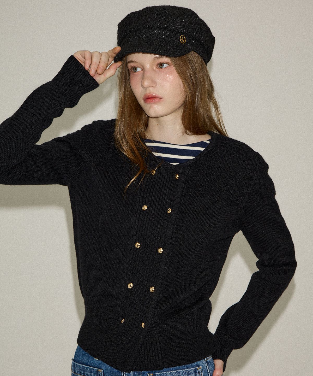 살롱 드 욘(SALON DE YOHN) Camille Double Button Cardigan_ Black