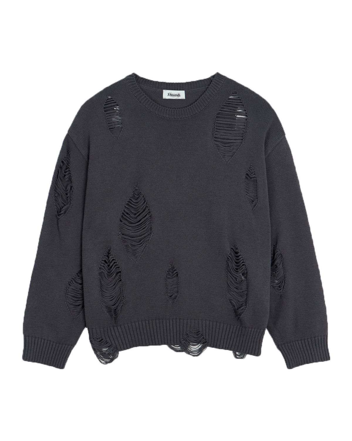 덤(THUMB) DESTROYED KNIT SWEATER (CHACOAL)/(BLACK)