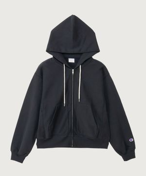 여성 리버스위브 스몰 로고 루즈핏 후드 집업 Off Black