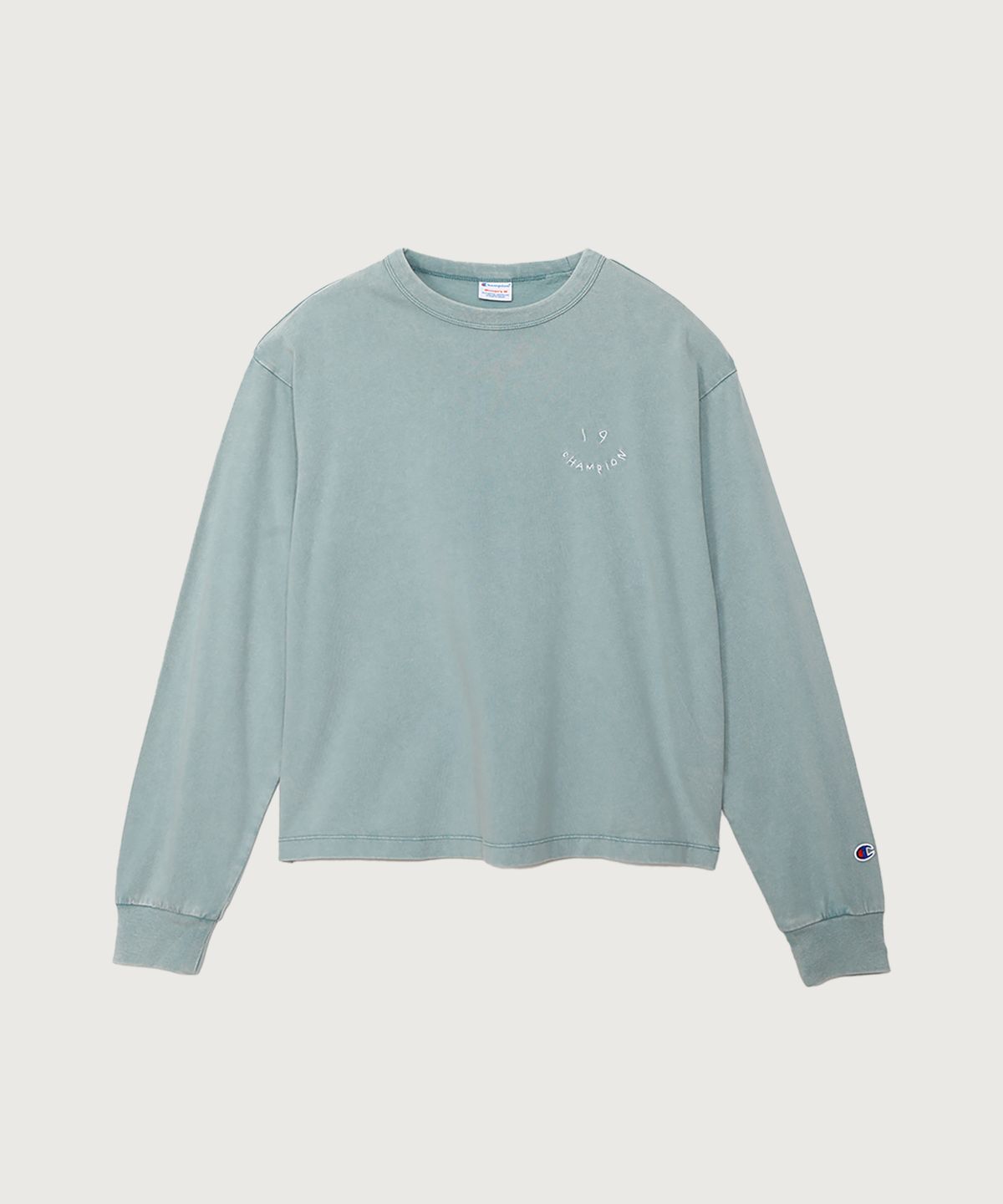 챔피온(CHAMPION) 여성 아치 로고 루즈핏 워싱 롱슬리브 Blue Mist Mint