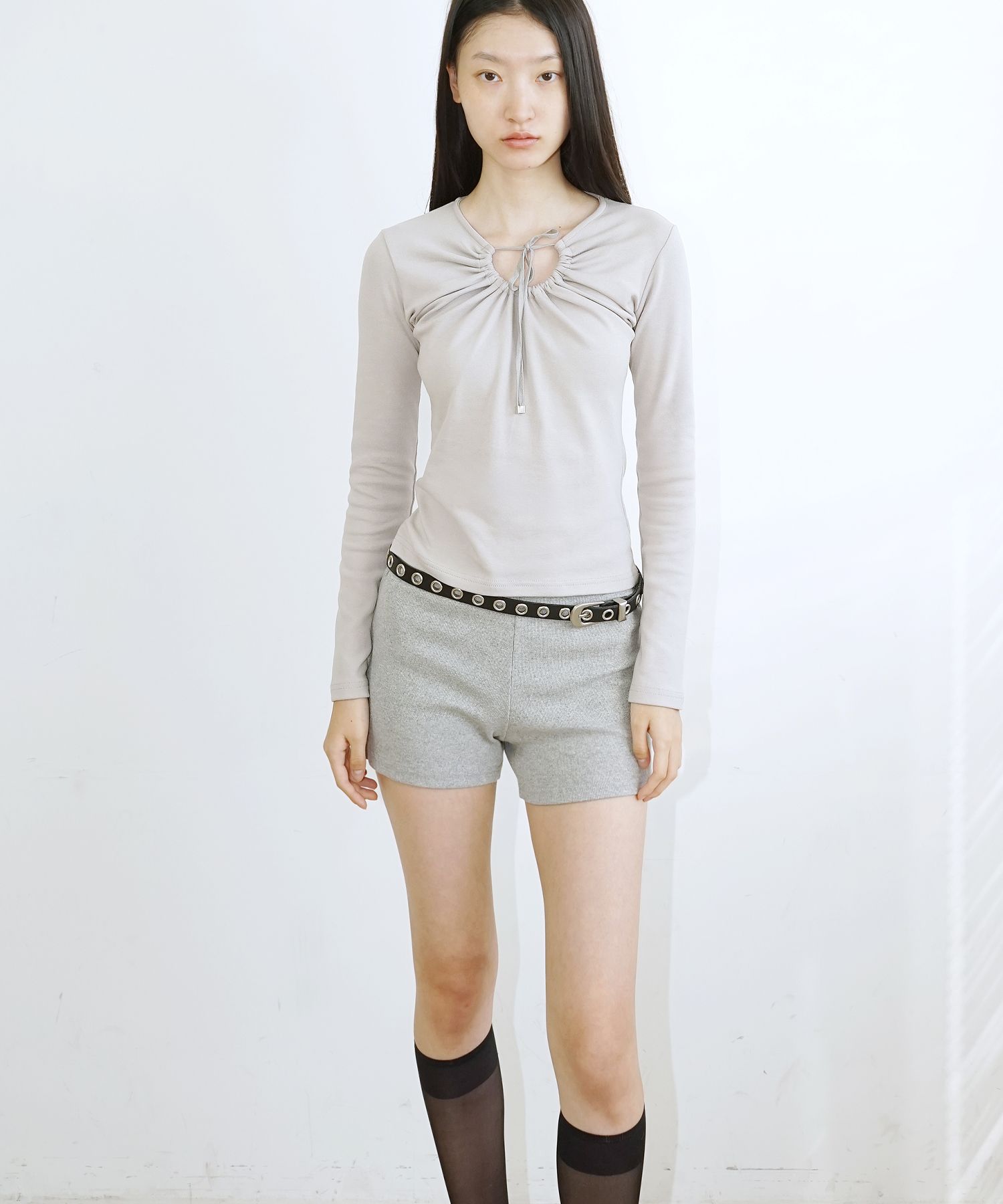 MUSINSA | PROVO Shirring Ribbon Top / Gray