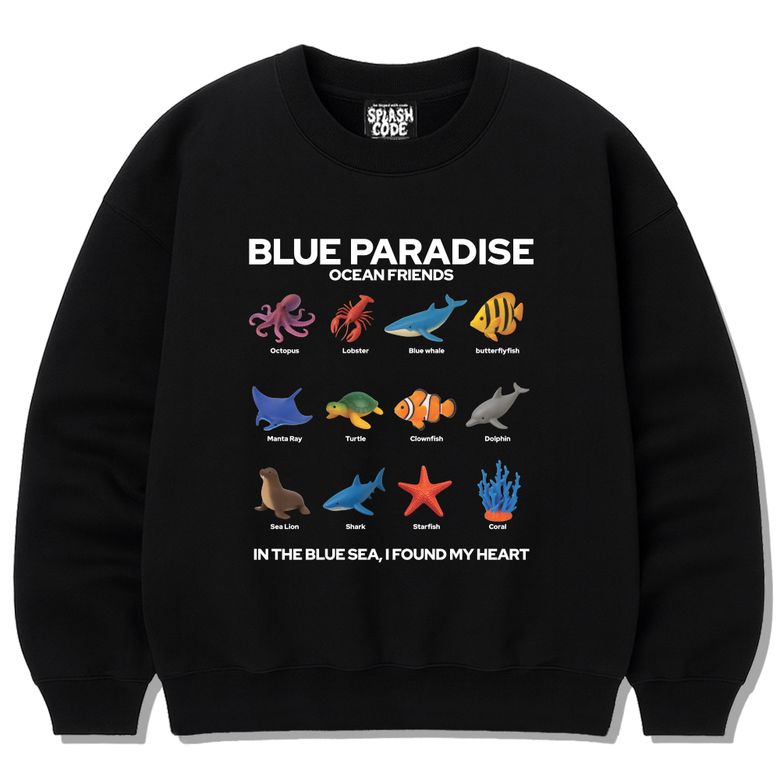 헤비 크루넥 맨투맨 블랙 - 블루 파라다이스(Blue Paradise)