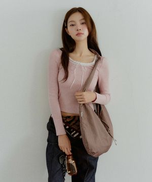 리본 숄더백 - 스트라이프 브라운