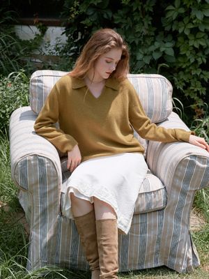 SERIN v-neck collar wool knit_OLIVE