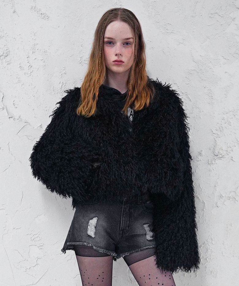 Crop Teddy Fur Jacket BLACK