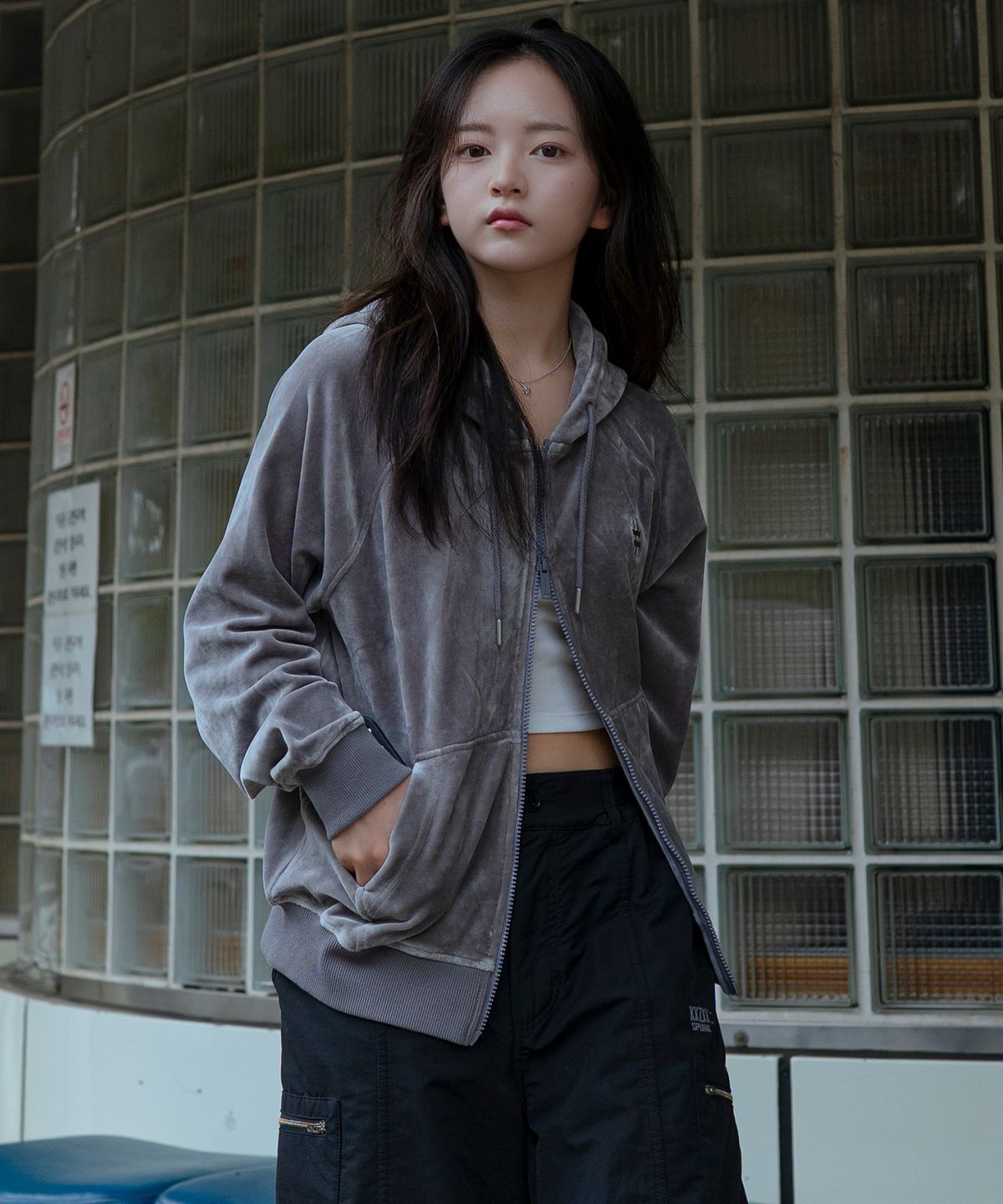 빈트릴(BEENTRILL) 우먼즈 벨로아 래글런 후드집업(그레이)