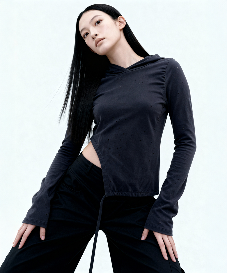 PUNCHING SHIRRING HOODIE, CHARCOAL