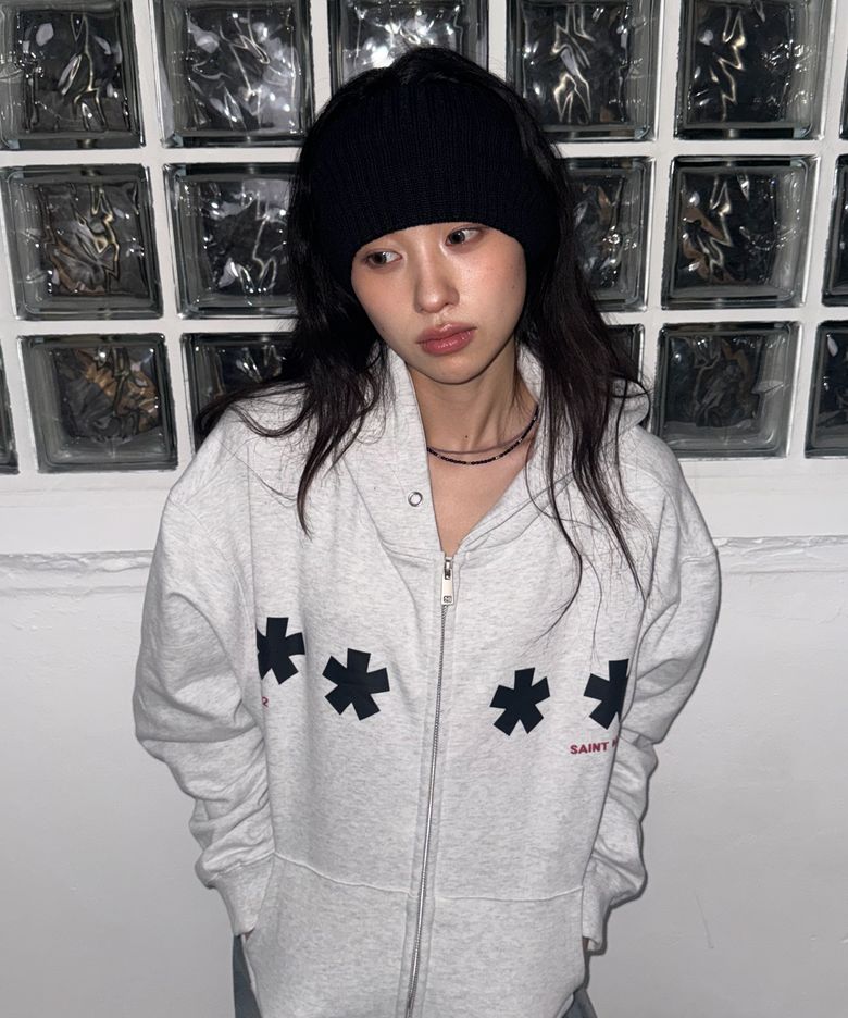 Square Star Hoodie Zip Up WHITE MELANGE