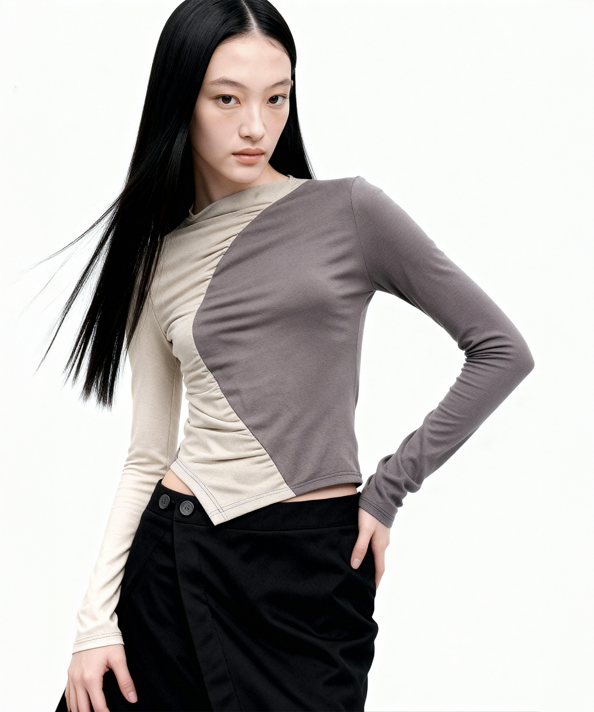 백시(BEKSI) CURVED SHIRRING TOP, PURPLE GRAY