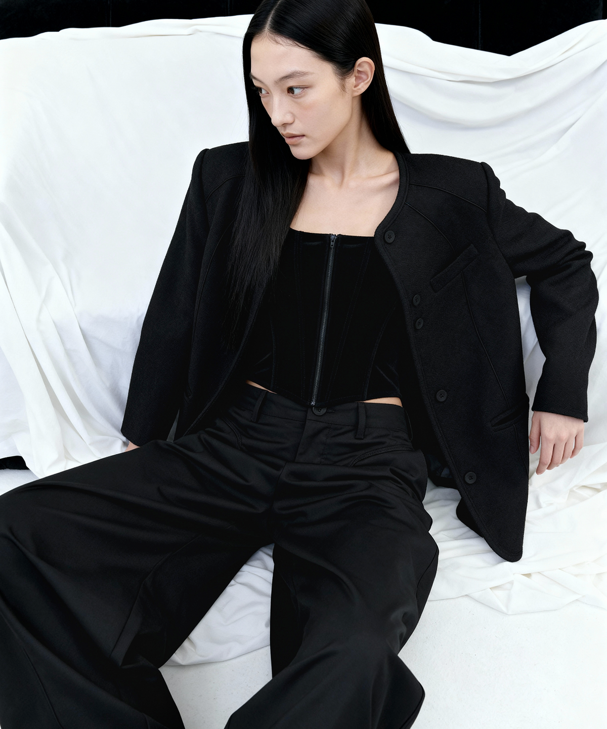 백시(BEKSI) COLLARLESS OVERFIT TWEED JACKET, BLACK