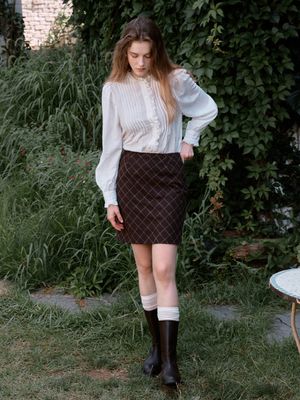 ROSA check lace mini skirt_BROWN
