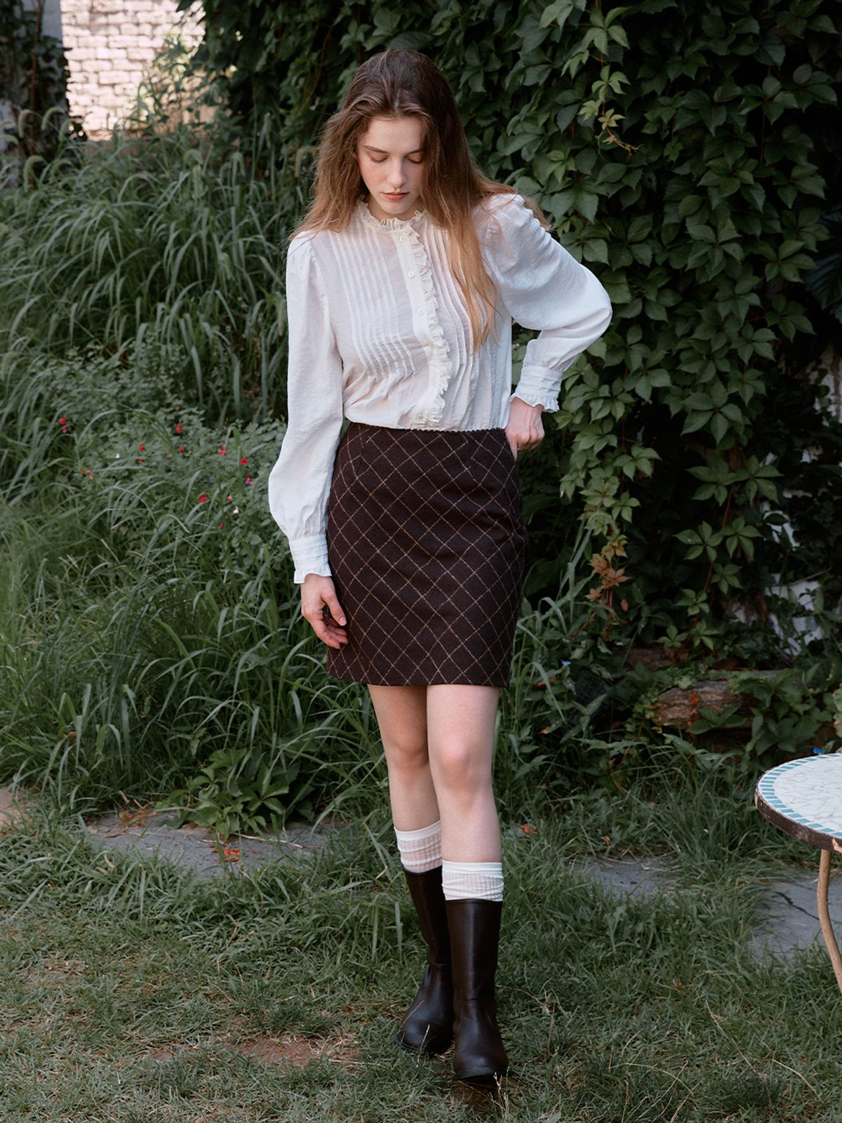 르니나(LENINA) ROSA check lace mini skirt_BROWN