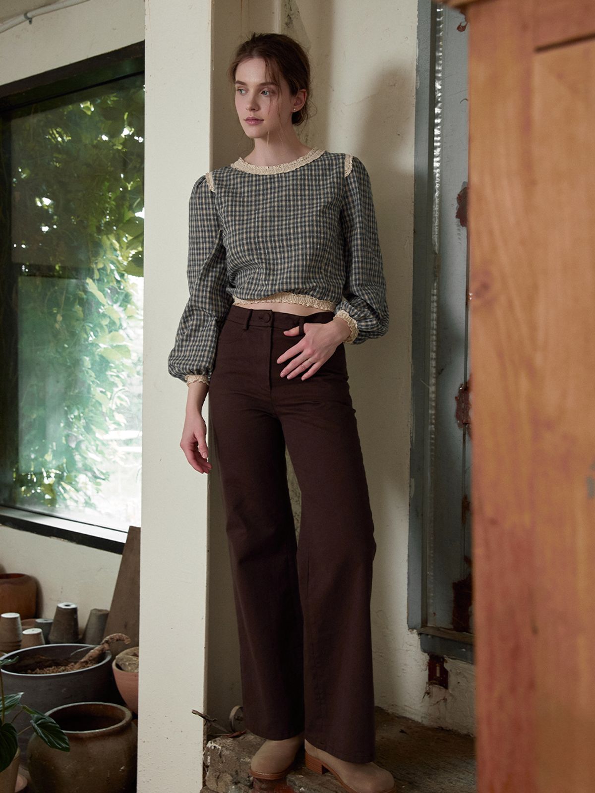 르니나(LENINA) NORA wide cotton long pants_BROWN