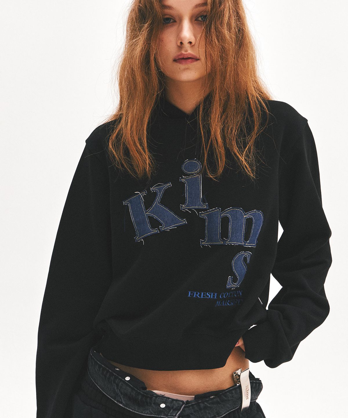 킴스 프레시 코튼 마켓(KIMS FRESH COTTON MARKET) Messy Denim App Hoodie Black