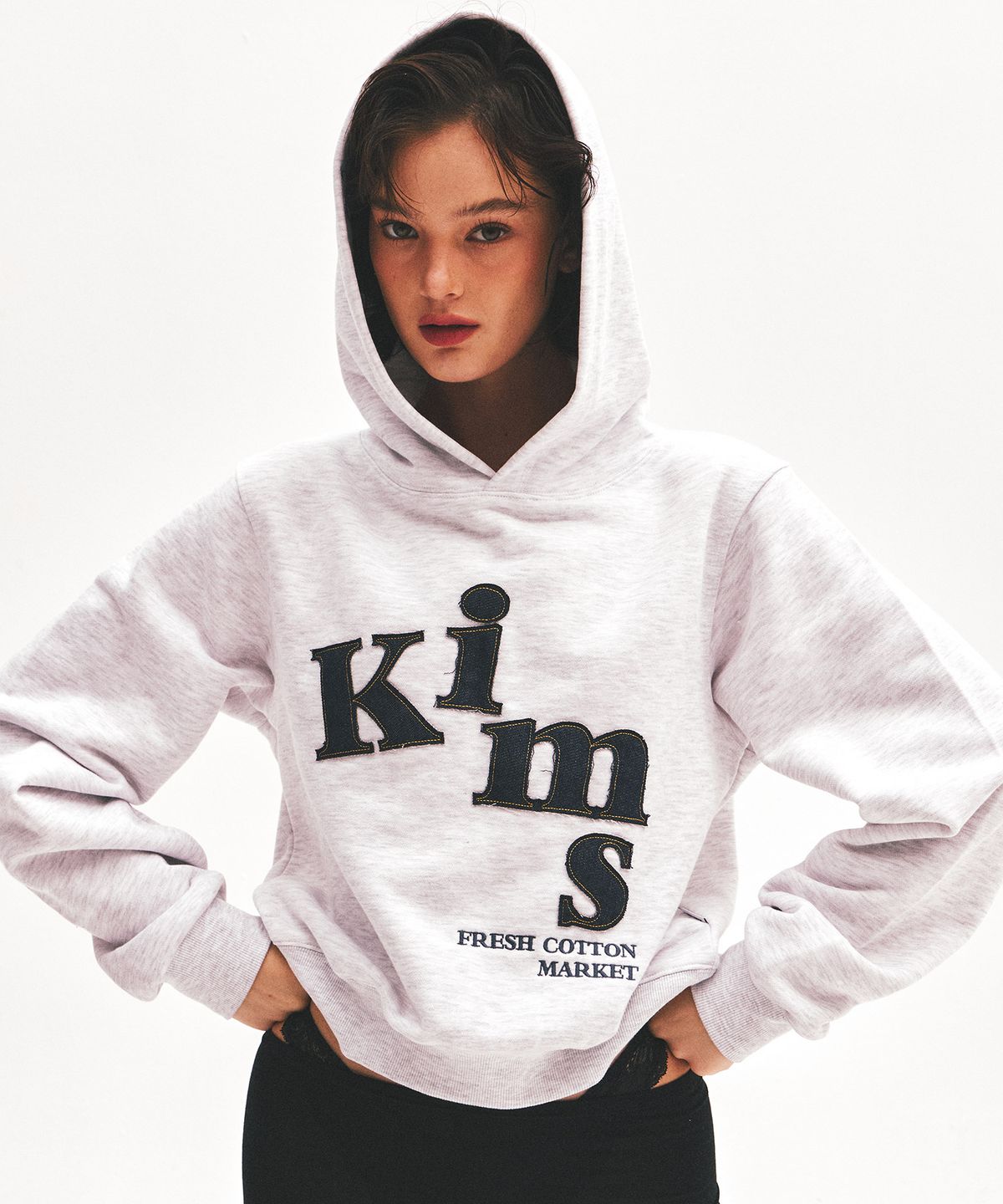 킴스 프레시 코튼 마켓(KIMS FRESH COTTON MARKET) Messy Denim App Hoodie Grey