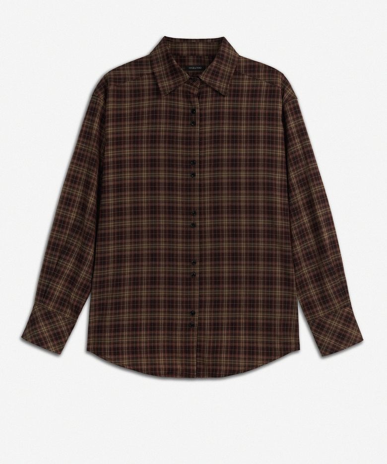 Plaid Check Cross Button Shirt_Brown