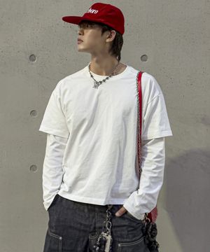 이중 레이어드 크롭 긴팔 티셔츠[화이트]