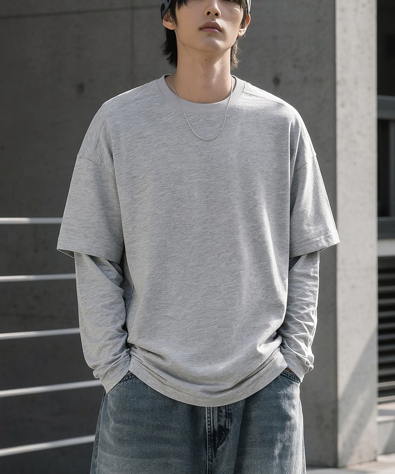 이중 레이어드 크롭 긴팔 티셔츠[그레이]