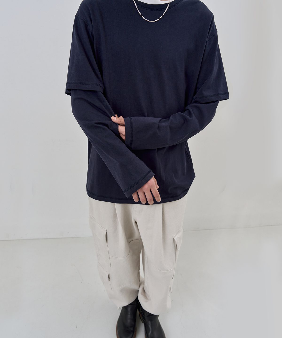 누아클레(NUAKLE) (m) 레이어드 슬리브 티셔츠_네이비