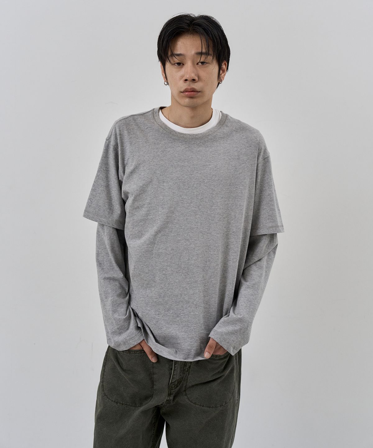 누아클레(NUAKLE) (m) 레이어드 슬리브 티셔츠_멜란지 그레이