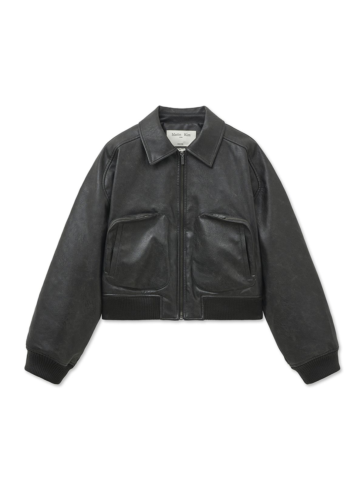 마뗑킴(MATIN KIM) FAUX LEATHER OUT POCKET JUMPER IN CHARCOAL