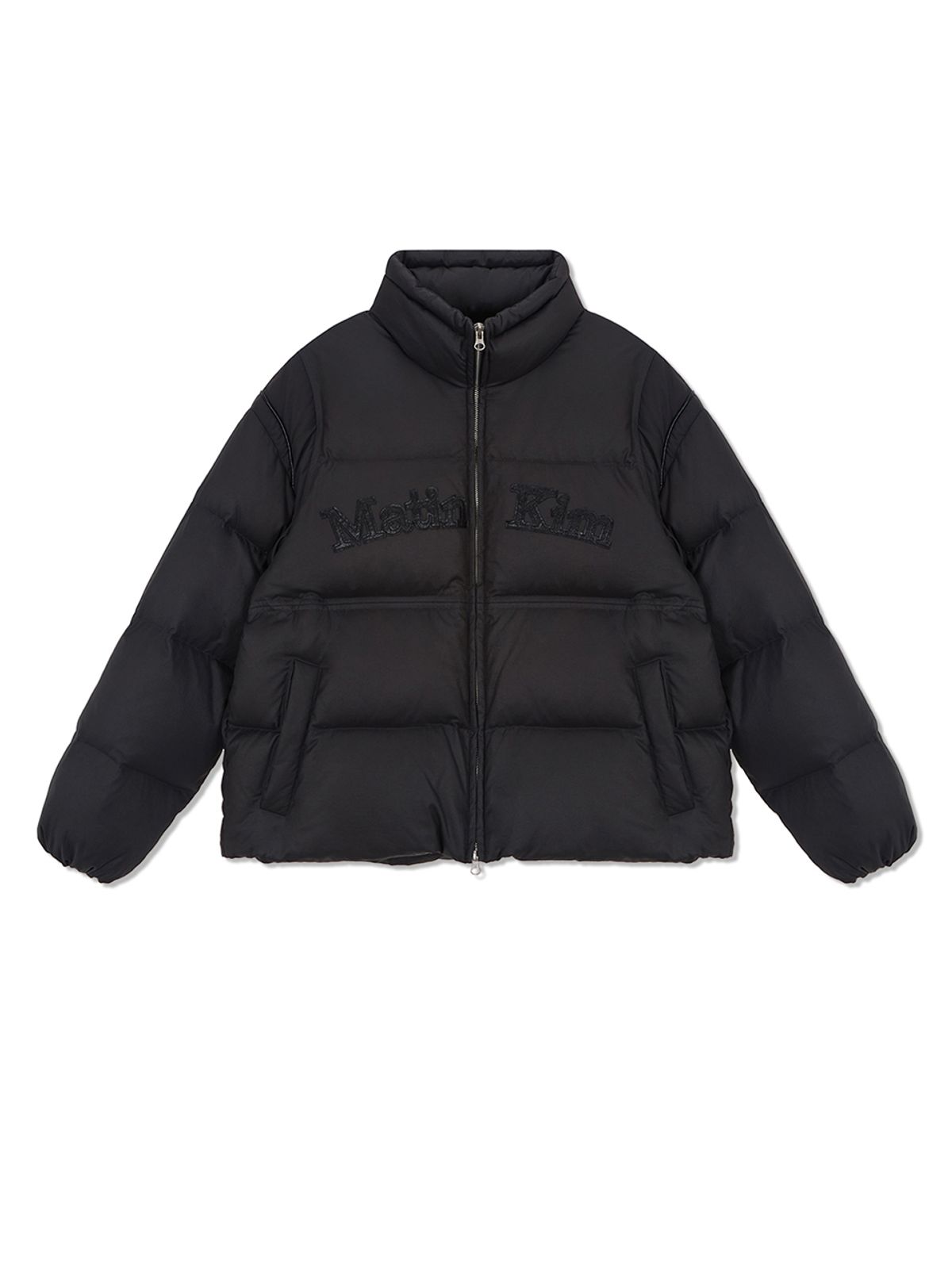 마뗑킴(MATIN KIM) LOGO APPLIQUE GLOSSY DOWN JUMPER FOR MEN IN CHARCOAL