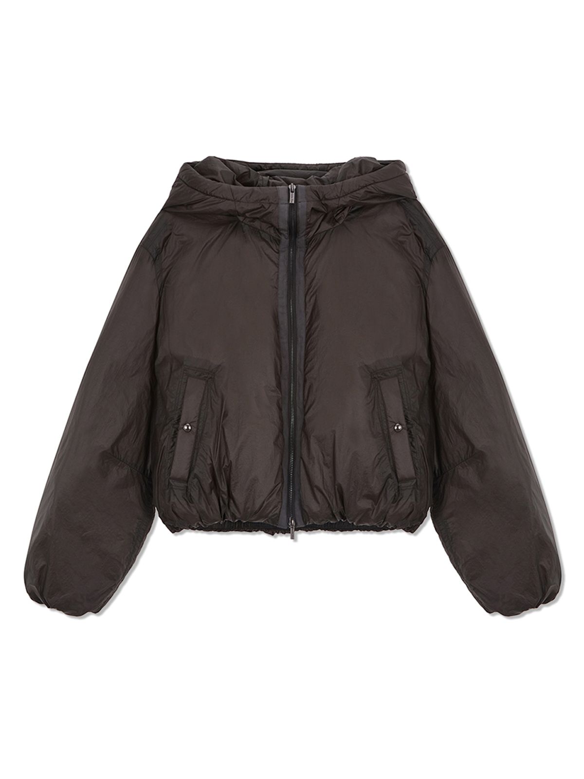 마뗑킴(MATIN KIM) BACK LOGO HOODY SHORT DOWN JUMPER IN CHARCOAL