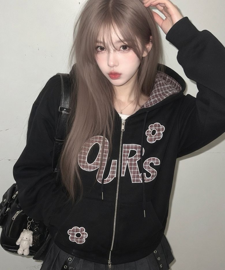 OURS 체크 플라워 아플리케 후드집업 블랙