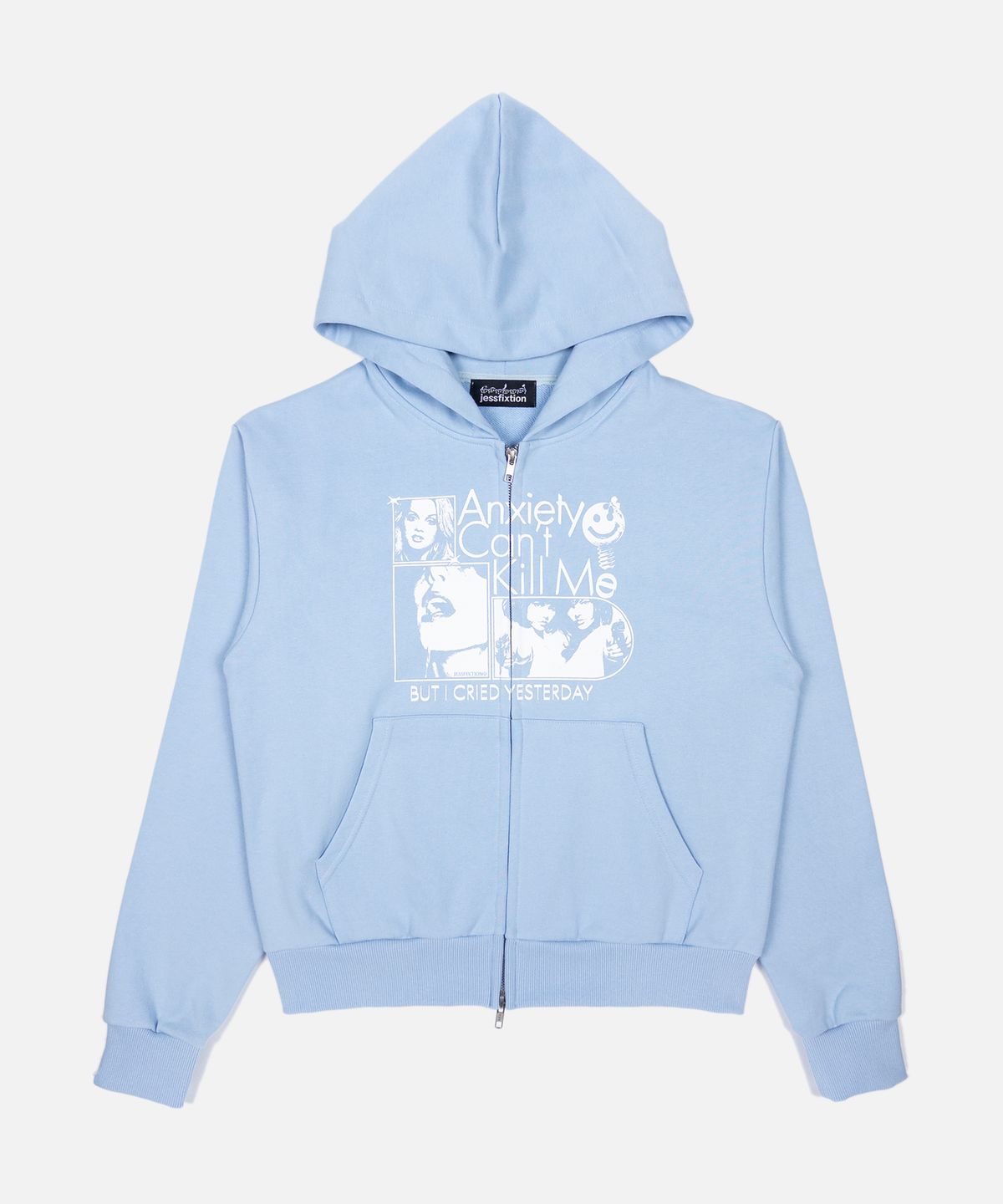 제스픽션(JESSFIXTION) ANXIETY CANT KILL ME HOOD ZIP-UP (SKY BLUE)