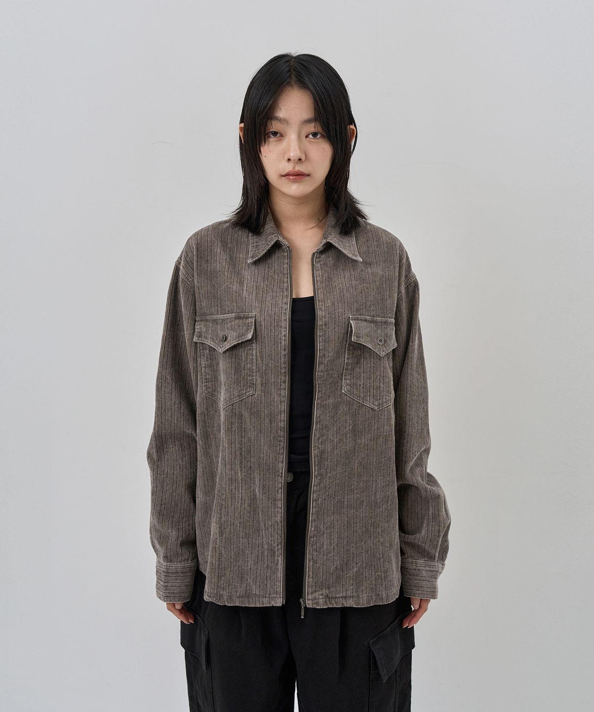 누아클레(NUAKLE) (w) 피그먼트 코드 셔츠_빈티지 그레이