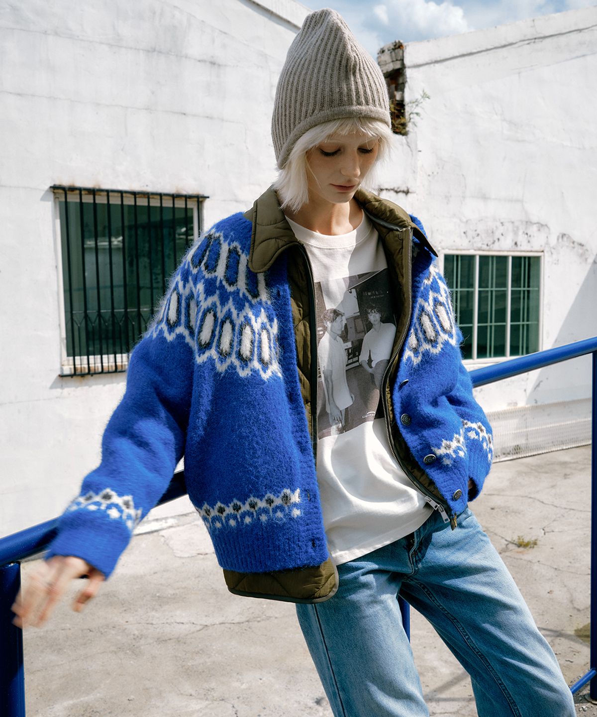 그린버터(GREENBUTTER) Double Layer Quilted Cardigan (Khaki/Blue)