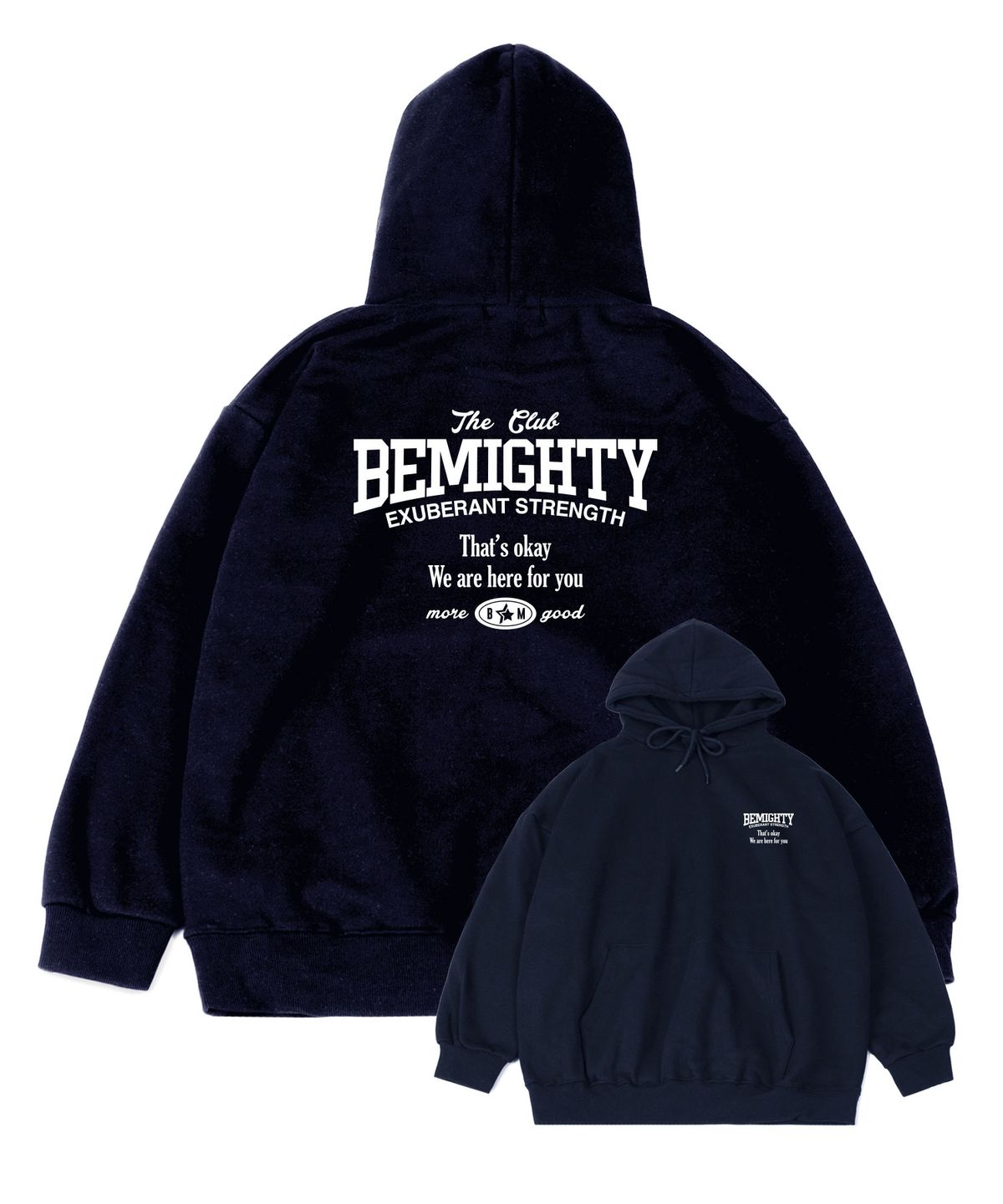 비마이티(BEMIGHTY) 레터링 로고 오버핏 기모 후드티셔츠 [네이비]