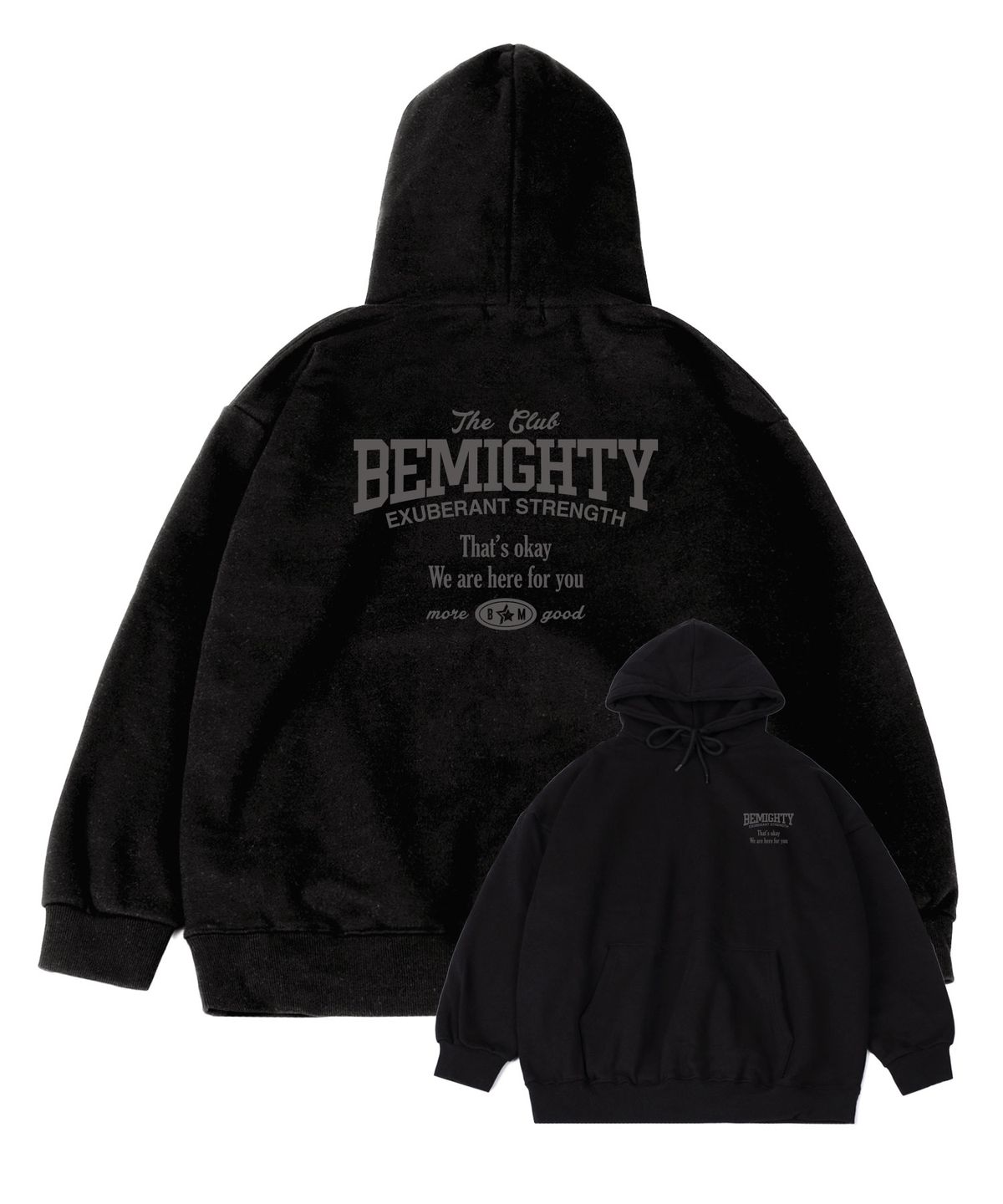 비마이티(BEMIGHTY) 레터링 로고 오버핏 기모 후드티셔츠 [블랙]