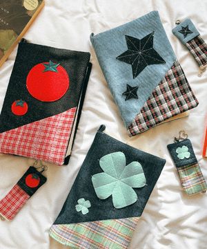 데님 패치워크 키치 프리사이즈 북커버 토마토 클로버 불가사리