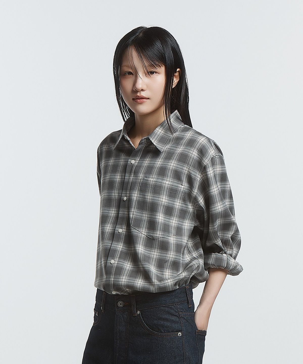 러드(LLUD) 러드 컴피 체크 셔츠 그레이