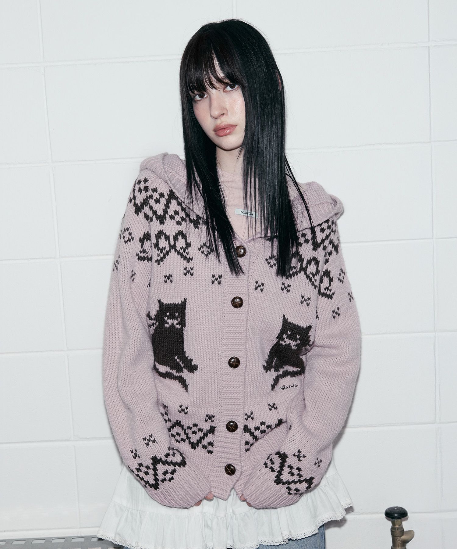 トップス rola rola cat cardigan pink MUSINSA公式 | ROLAROLA CAT JACQUARD HOODIE CARDIGAN PINK