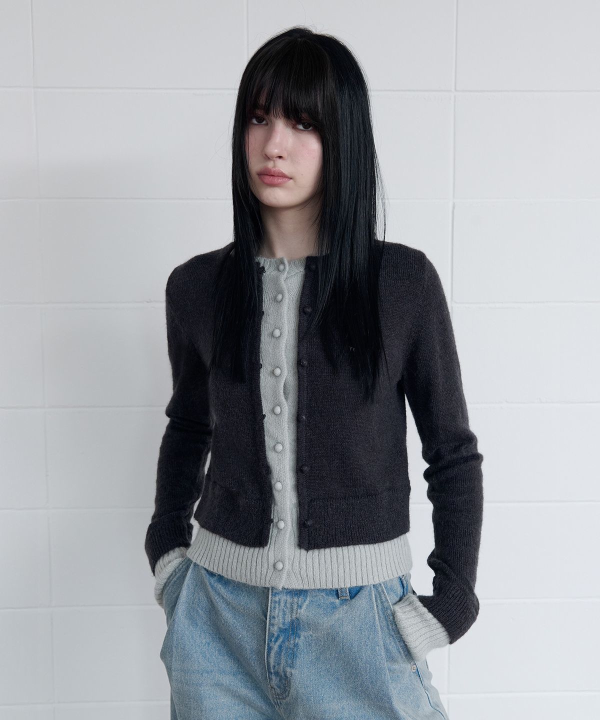 로라로라(ROLAROLA) MOHAIR BLENDED LAYERED CARDIGAN CH+L/GY