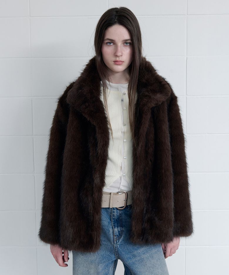HIGH NECK FUR JACKET BROWN