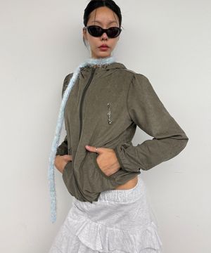 키링 셔링 레이스 스웨이드 후드 집업_카키