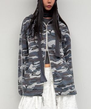 밀리 카모 스터드 레이스 롱 후드 집업_그레이