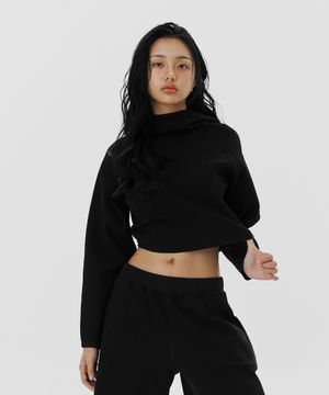 와플 우먼스 트레일 크롭 래글런 후디-블랙