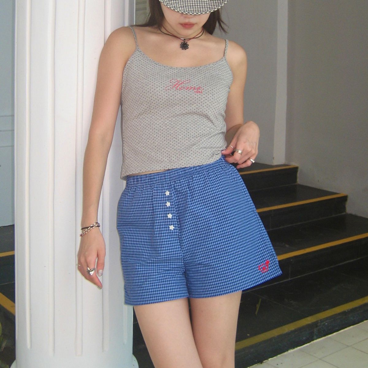 홈바디띵즈(HOMEBODY THINGS) HBT Check Star Shorts (NAVY)