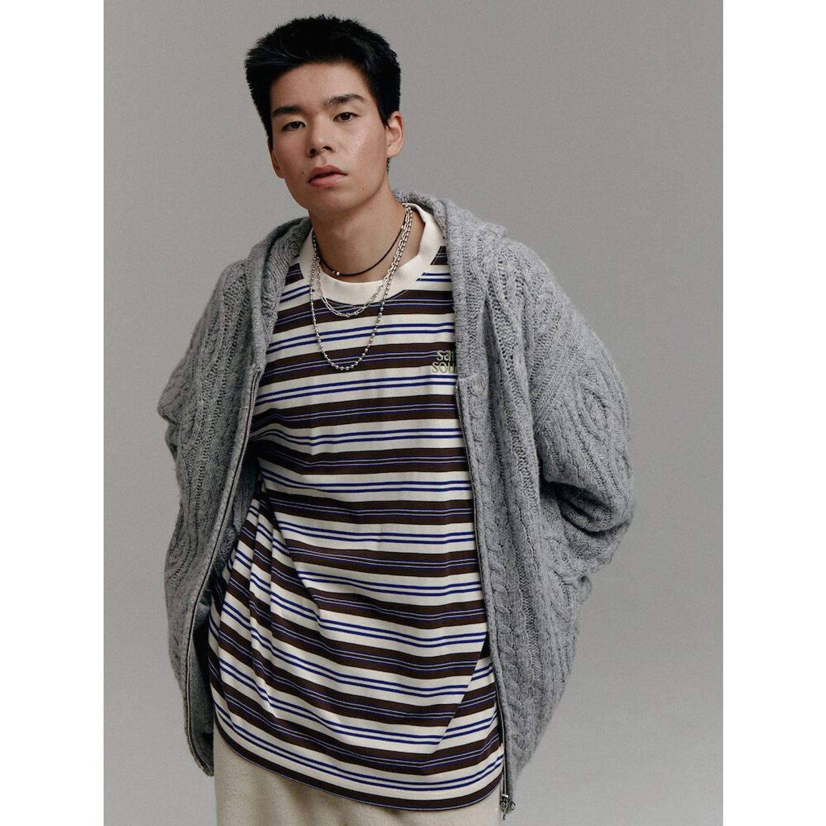 샌드 사운드(SAND SOUND) (UNISEX) 울 블렌드 케이블 니트 집업 후드  그레이